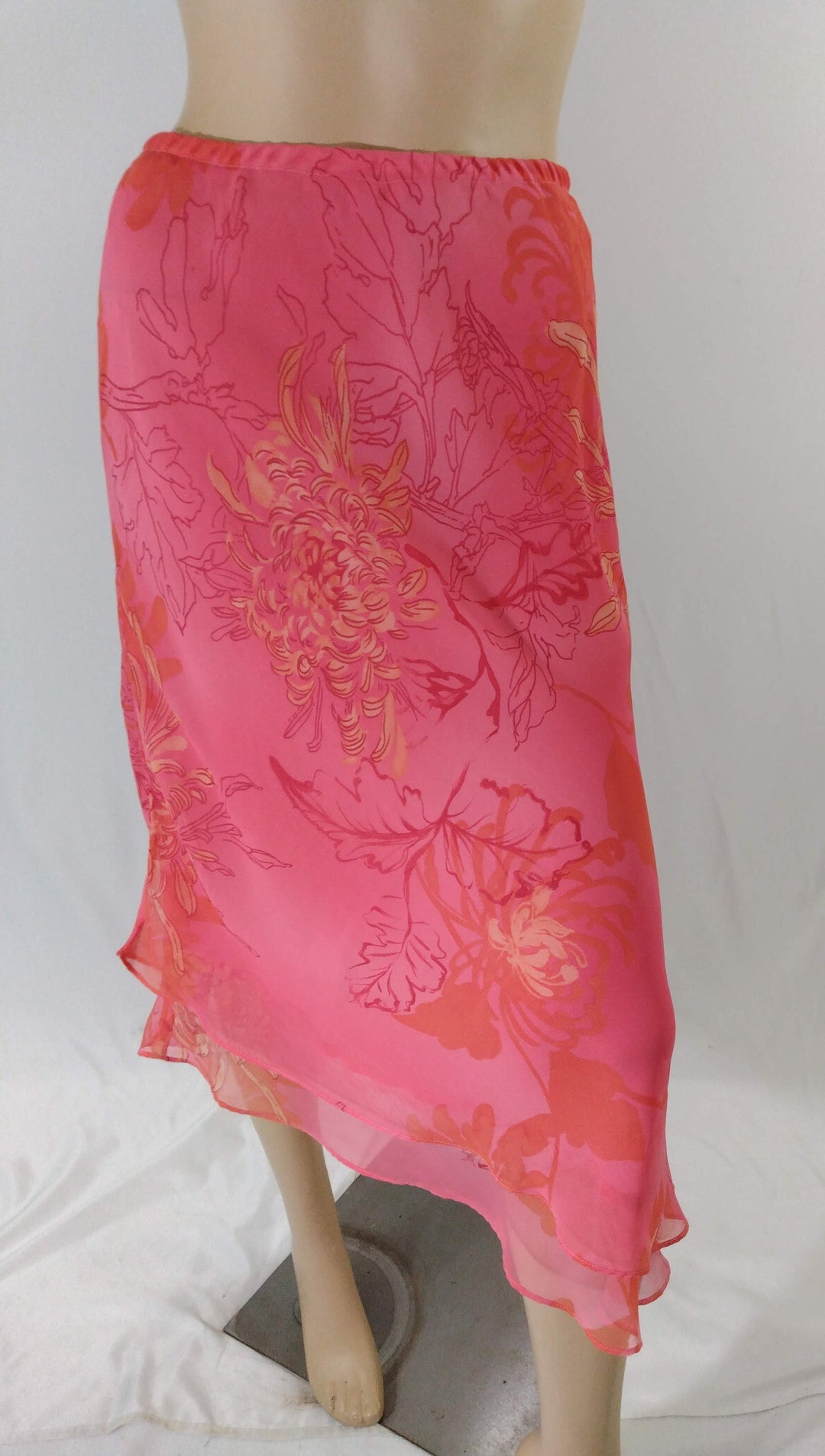 Women's Pink Skirt Orange Red Abstract Floral Semi Sheer Doubled Layers