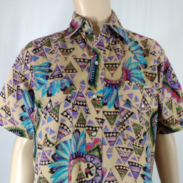 80's Men's Shirt Wild Colorful Native Western Print Short Sleeve 100% Cotton Radical Snaps Excellent Condition Vintage by ROAD RUNNER Size M