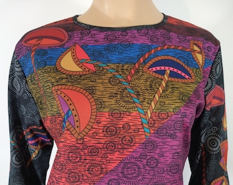 Mushroom Top Women's Colorful Shirt Long Sleeve Blue Dark Colors Mushrooms Psychedelic Abstact Like New Condition by MISS LOOK Size L
