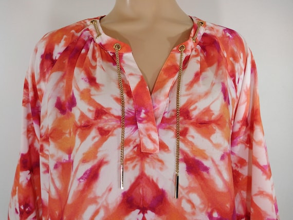 Calvin Klein Blouse Women's Shirt Pink Orange White Wild Print 3/4 Sleeve  Gold Chain Lace-up Front Spring Summer Like New Condition Size L 