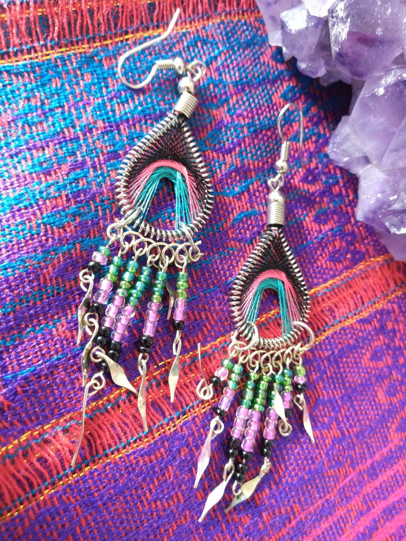 Boho Earrings Womens Girls String Art Pink Purple Seed Bead Woven Fringe Geo Colorblock Boho Native Tribal Silver Jewelry Great Gift image 1