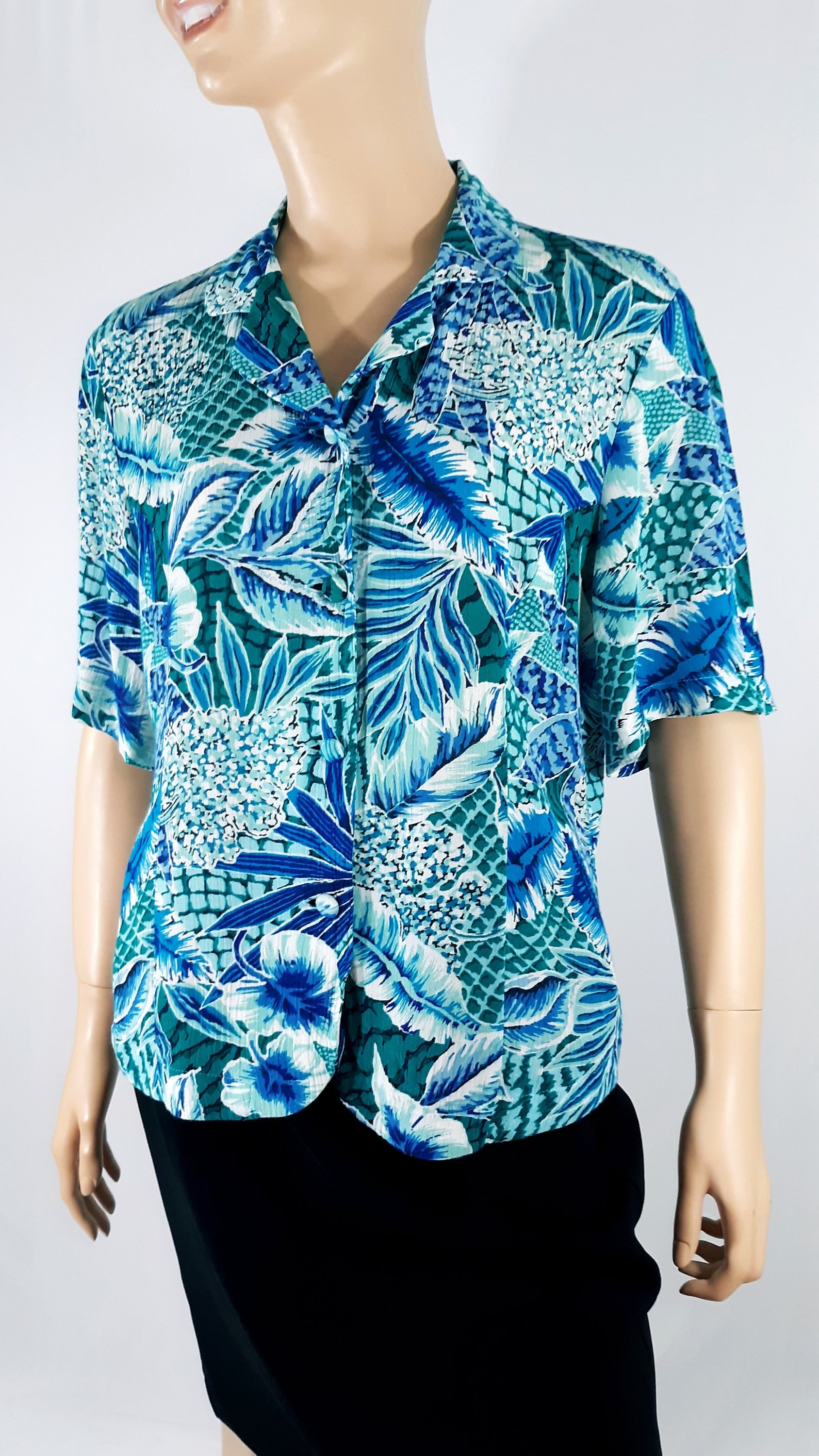 Women's Hawaiian Shirt 80's 90's Short Sleeve Blue White