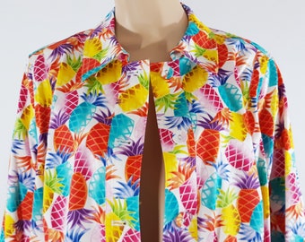 Blazer con estampado de piñas: Chaqueta hawaiana de algodón colorida para mujer, talla XL