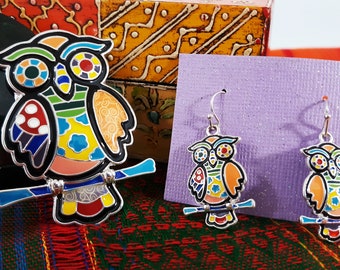 Mosaic Owl Earrings Pendant Set, Rainbow Enamel Boho Jewelry