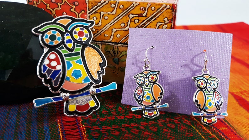 Handmade Pendant Owl Earrings Set Womens Girls Rainbow Multicolor Artsy Mosaic Silver Tone Enamel Boho Jewelry Dangle Gift Craft Charm