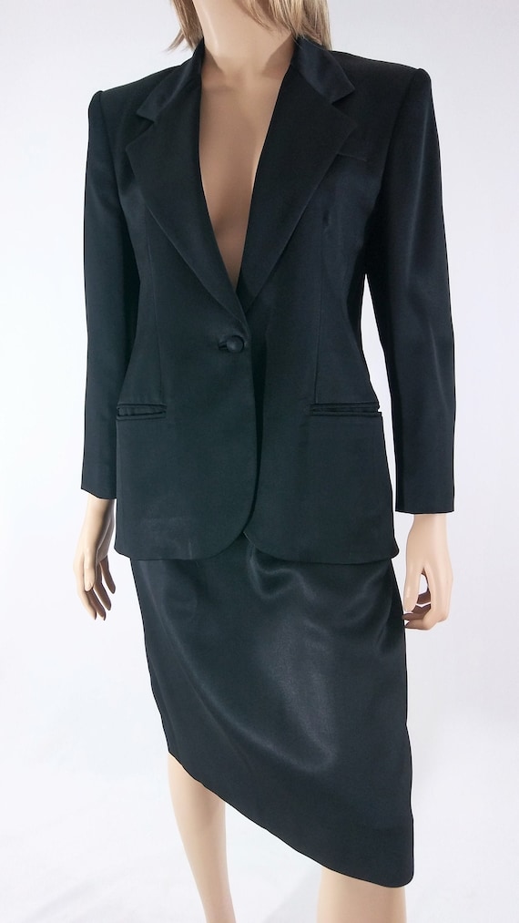 Women's Black Tuxedo Suit Blazer Skirt 2 Piece Long Sleeve Formal