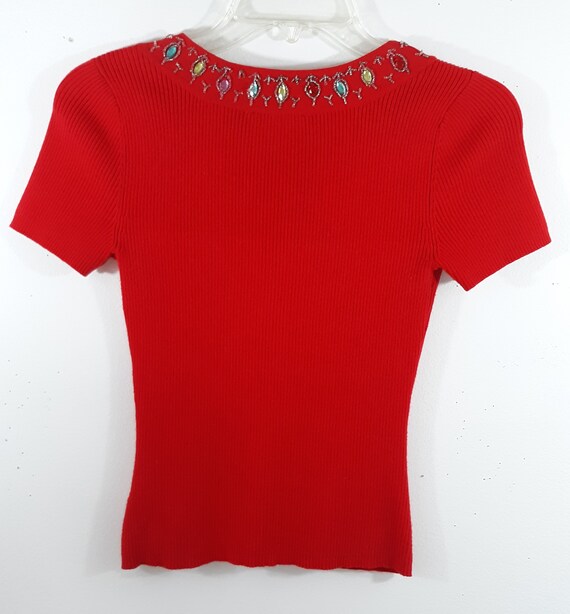 Womens Red Sweater Shirt Lipstick Red Pastel Bead… - image 9