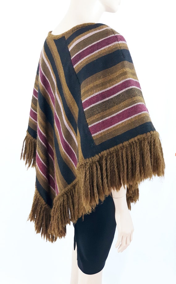 Handmade 70s Wool Poncho: Striped, Fringed, Vinta… - image 7