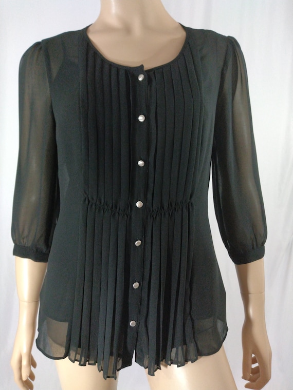 40's Style Top Women's Shirt Black Semi Sheer Ple… - image 2