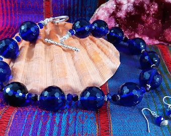 Cobalt Blue Beaded Jewelry Set: Vintage-Inspired Necklace & Earrings