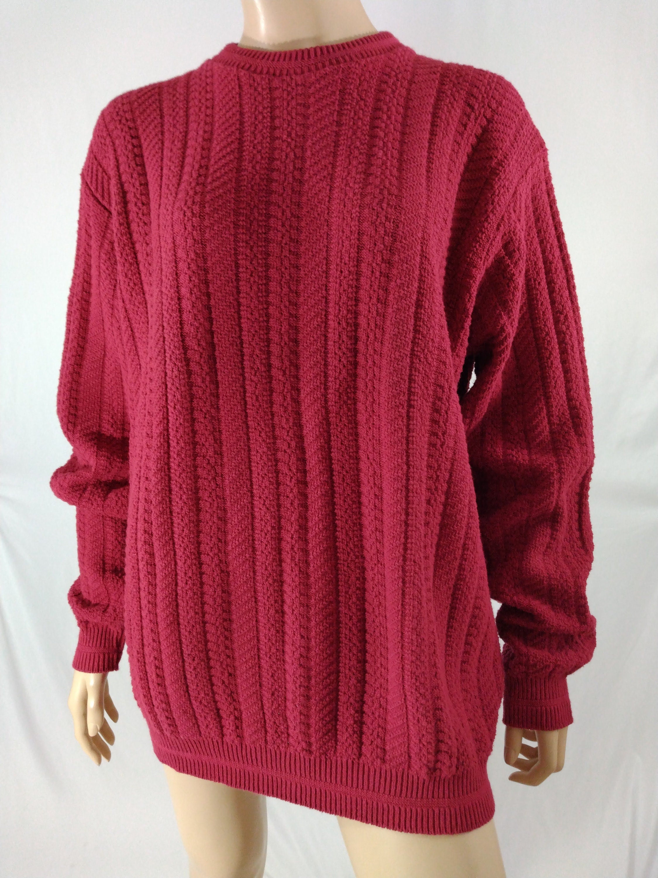Vintage Bill Blass Red Cotton Sweater, Textured Knit (Size L 