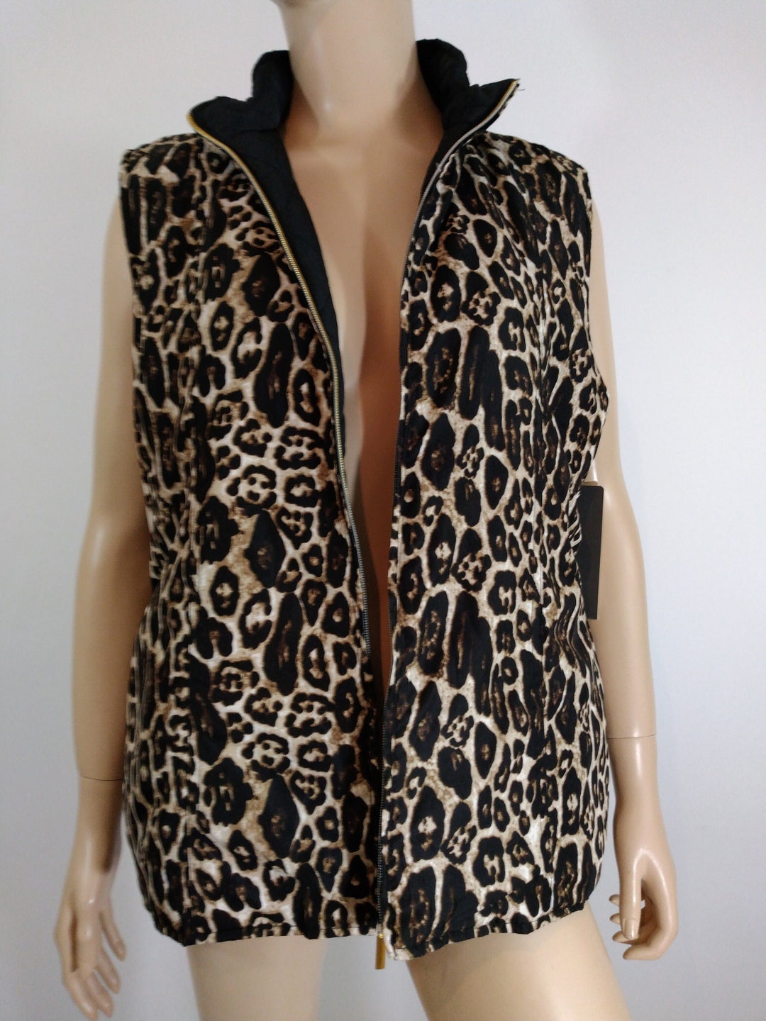 Black Vest Reversible Quilted Leopard Vest Women's Puffy