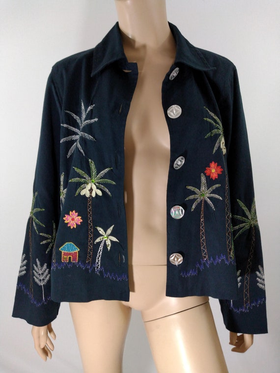 Women's Black Jacket Top Linen/ Cotton Fabric Emb… - image 6