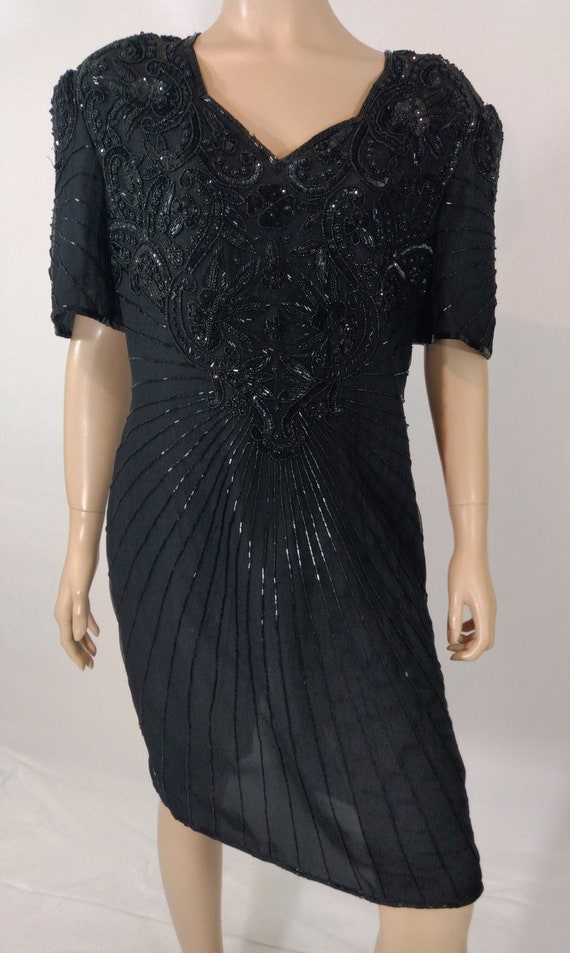 Black Beaded Dress Women's 80's Sequined Short Sl… - image 1