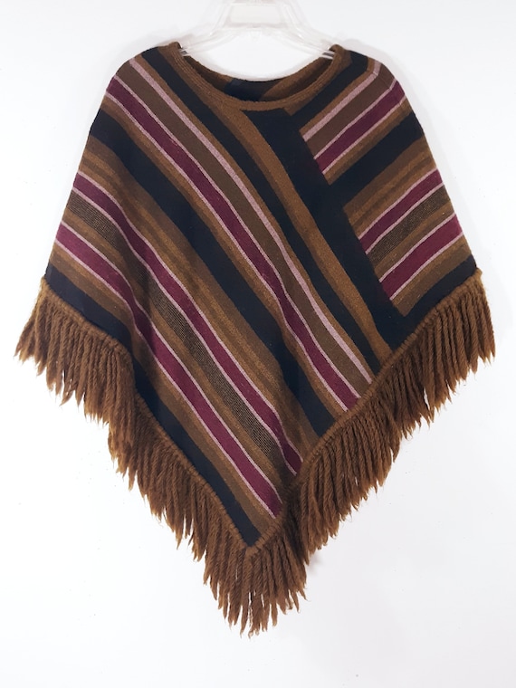 Handmade 70s Wool Poncho: Striped, Fringed, Vinta… - image 1