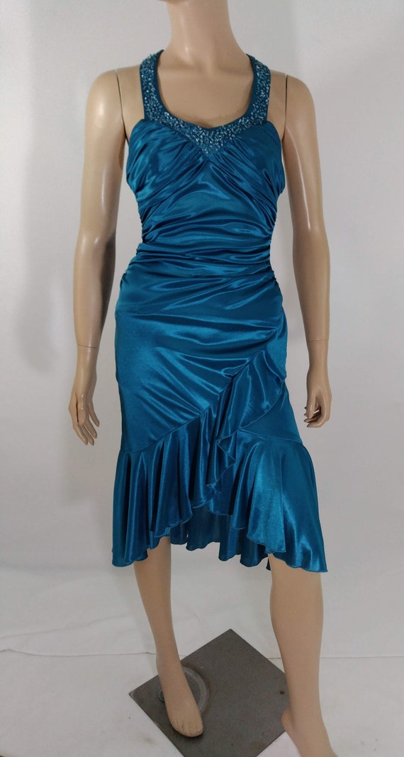 Women's Satin Dress Disco Prom Dress Teal Satin B… - image 8