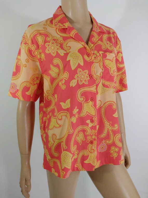 Women's Hawaiian Shirt Cotton Rayon Pink Salmon Y… - image 4