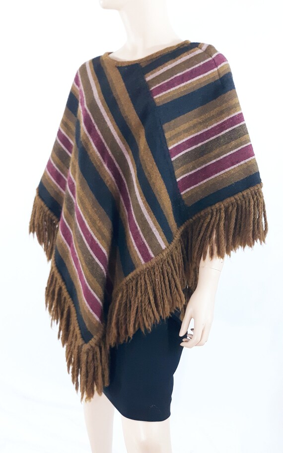 Handmade 70s Wool Poncho: Striped, Fringed, Vinta… - image 8