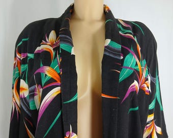 80's Women's Blazer Black Colorful Wild Hawaiian Floral 100% Cotton Shoulder Pads Vintage by HIGHLIGHT Cali USA Size XL