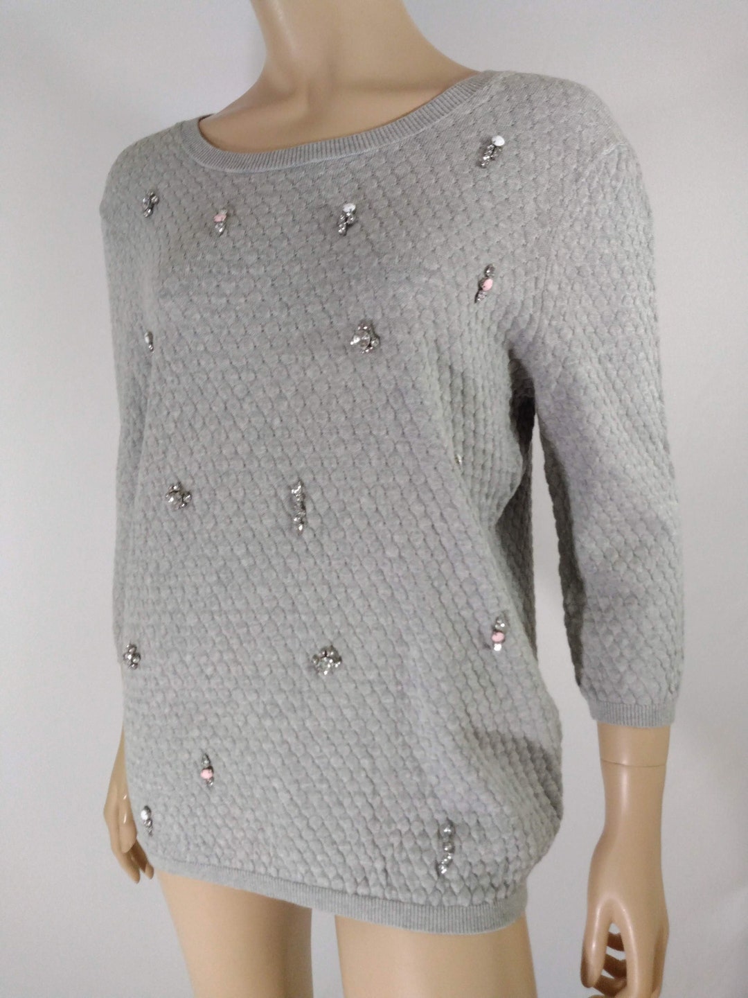 Women's Gray Sweater Top Rhinestone Jeweled 3/4 Sleeve 96 Cotton