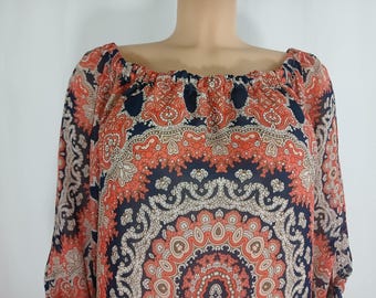 Vintage Boho Print Dress, 3/4 Sleeve Size M