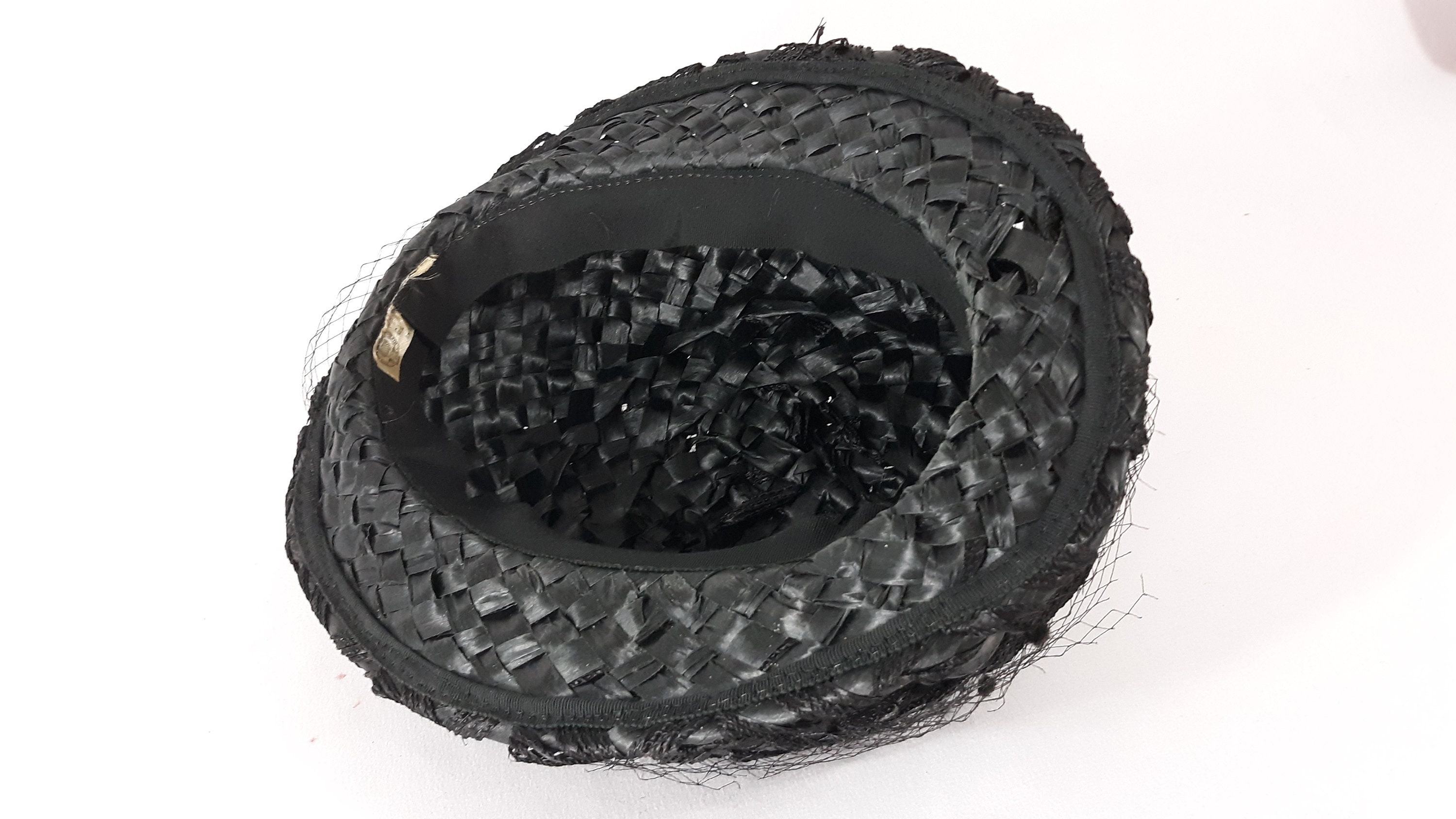 Vintage Black Velvet Pillbox Hat with Netting Beaded Detail Polka Dot Lining Vintage 60s Braided Pillbox Hat, Black Velvet Polka Dot  main image 3