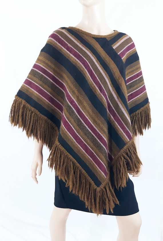 Handmade 70s Wool Poncho: Striped, Fringed, Vinta… - image 3