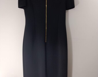 calvin klein black dress with gold zipper in back Calvin Klein Lace-Up V-Neck Zipper Sleeve Dress Black Gold Detailing Size  XL