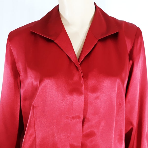 Red Satin Blouse 90's Women's Long Sleeve Deep Red Maroon Gorgeous Chic Headturner Blouse Vintage by Villager Petite Liz Claiborne Size L