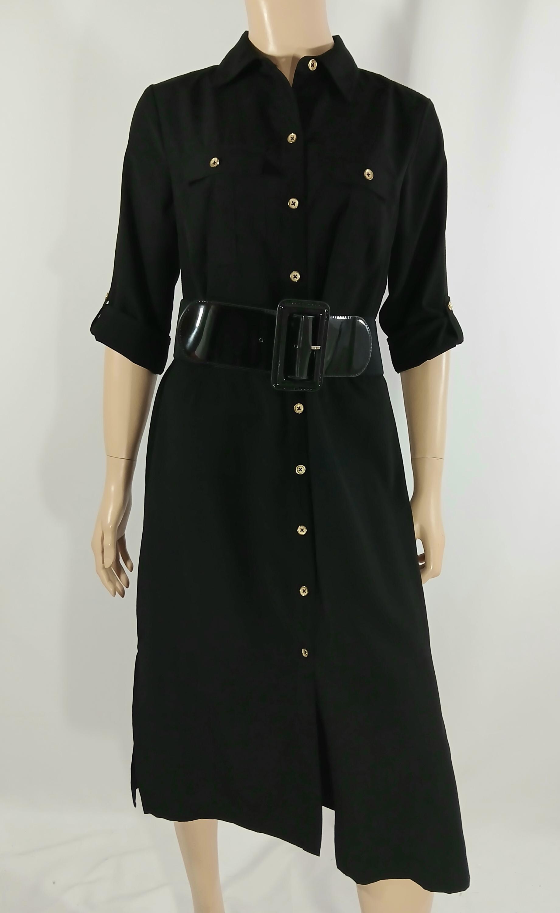 black shirt dress gold buttons Black Essential Techno Shirt Sleeve Woven Shirt Dress With Gold Hardware