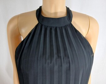 Vintage Black Colorful Floral Pleated Dress, Sleeveless, Size L