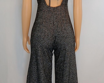 Vintage Metallic Silver Black Jumpsuit, Disco, Size XS