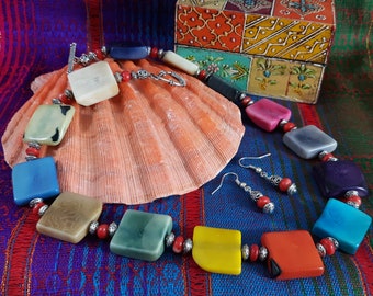 Handcrafted Gemstone Necklace and Earring Set, Boho Colorblock Jewelry