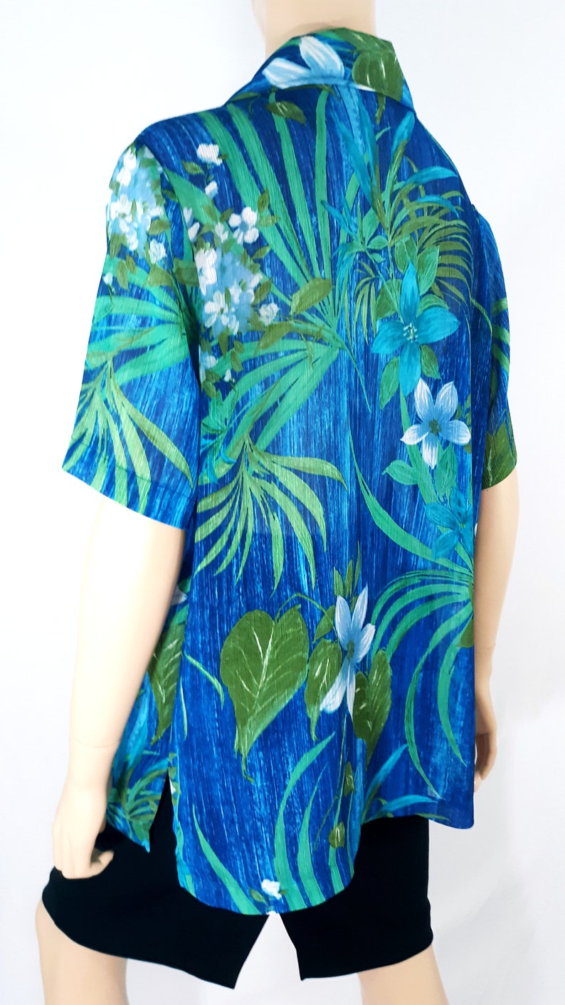 Women's Hawaiian Shirt 80's Short Sleeve Green Blue Tropical Button Down Excellent Like New Condition Vintage by DRAPER & DAMONS Size L image 6