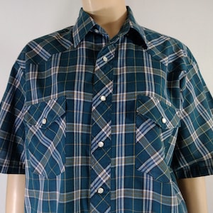 Men&#39;s Western Shirt Early 80&#39;s Cowboy Short Sleeve Plaid Teal Blue White Pearlized Snaps Excellent Condition Vintage by Wrangler Size L