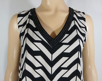 Vintage ALFANI Sleeveless Top, Geometric Print, Studded Trim (Size M)
