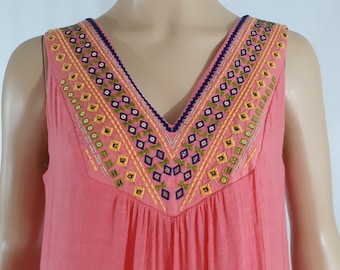 Vintage Boho Dress, Embroidered Cleopatra Neckline, Salmon Pink Gauze