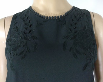 Vintage Black Sleeveless Top: Floral Embroidery, A-Line, Size XS