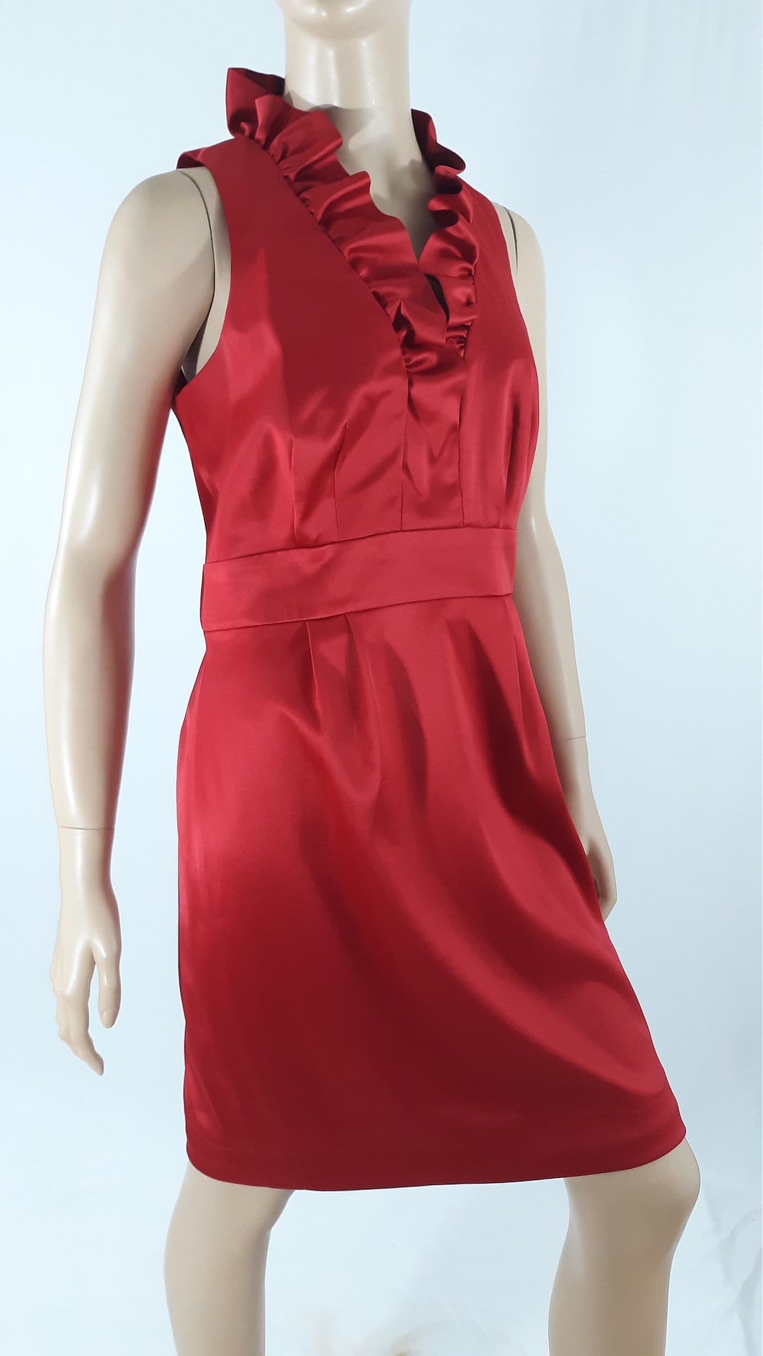 Women's Semi Formal Dress Sleeveless Fitted Red Satin Ruffle Neckline ...