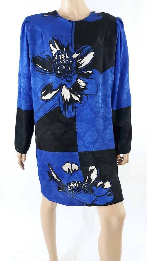 80's Women's Dress Long Top Blue Black Wild Emboss