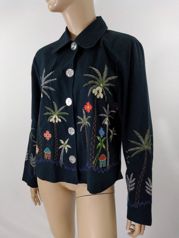 Women's Black Jacket Top Linen/ Cotton Fabric Emb… - image 2
