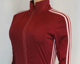 Vintage Tracksuit Jumpsuit, Deep Red & Pastel Pink Sporty Stripes, Long Sleeves, size S