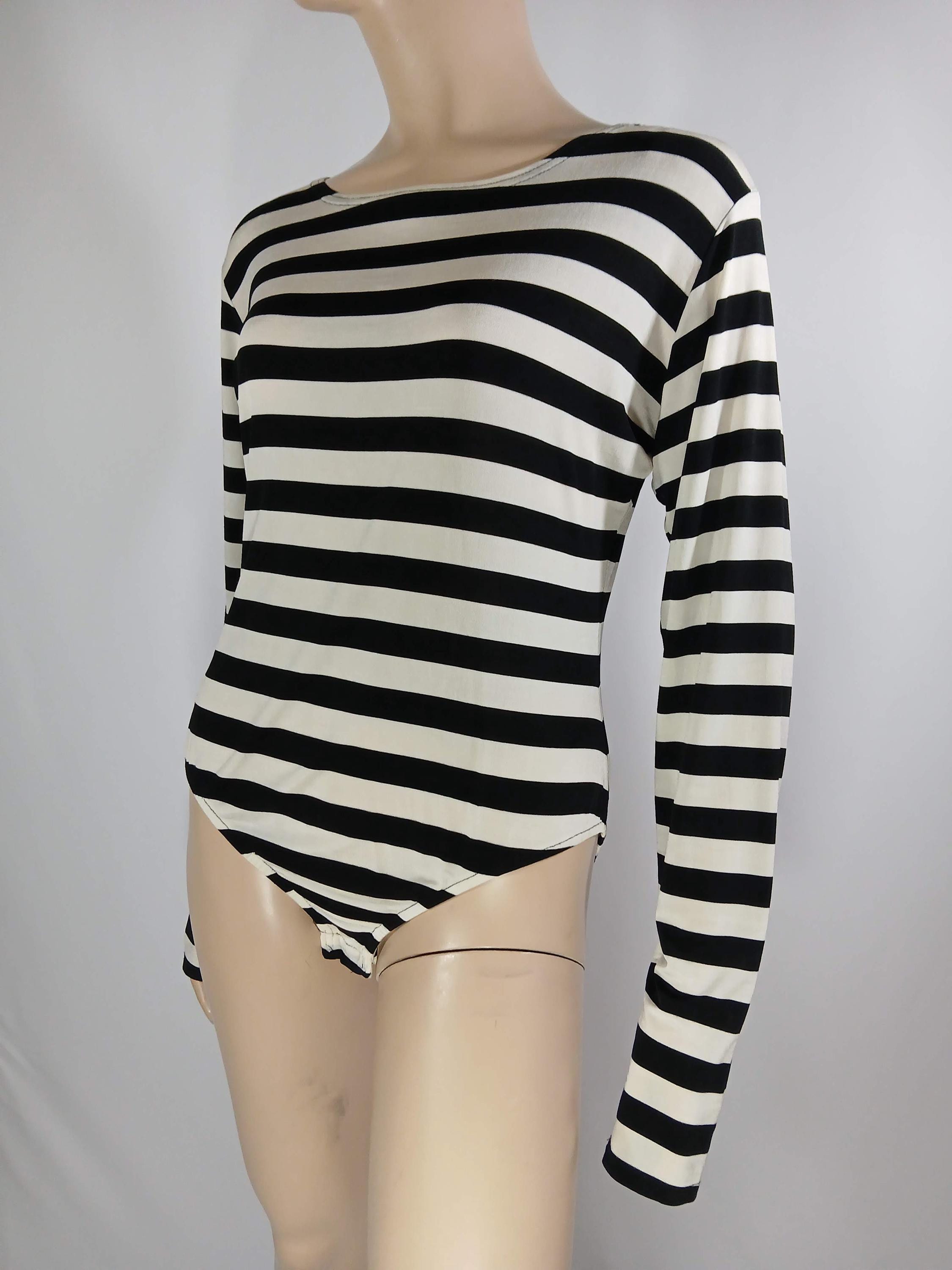 Women's Top Leotard Top 80's 90's Black White One Striped Long