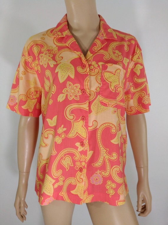 Women's Hawaiian Shirt Cotton Rayon Pink Salmon Y… - image 3
