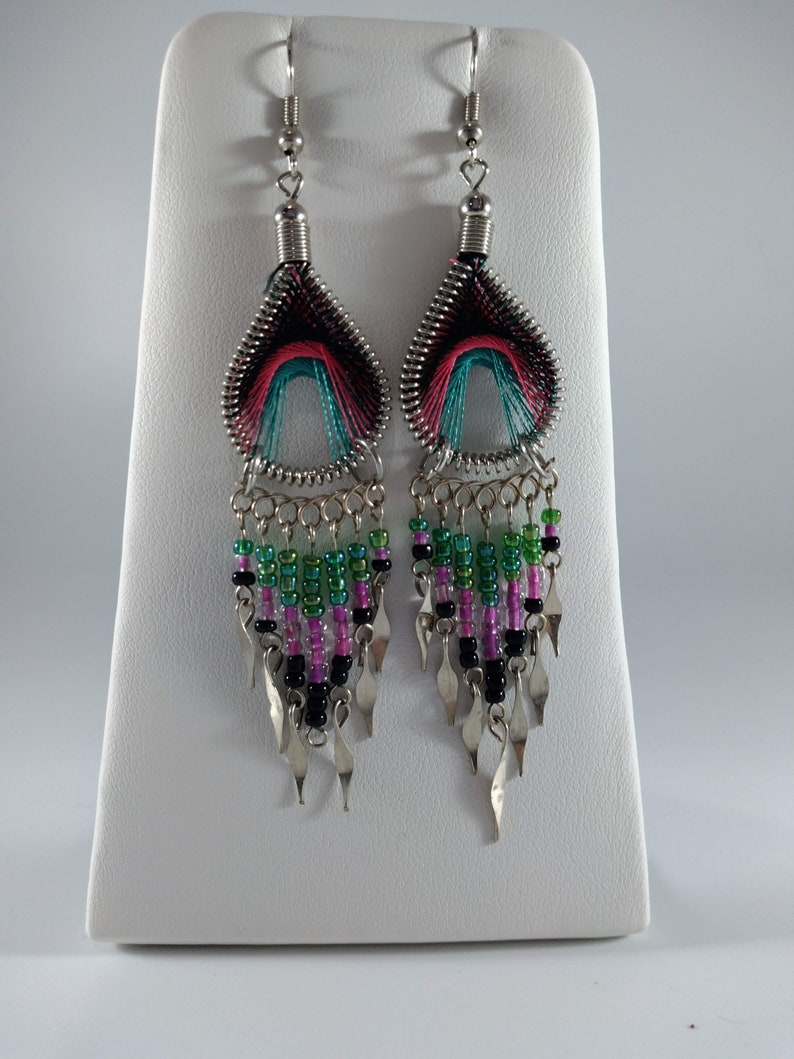 Boho Earrings Womens Girls String Art Pink Purple Seed Bead Woven Fringe Geo Colorblock Boho Native Tribal Silver Jewelry Great Gift image 6