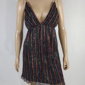 Women&#39;s Dress Disco Black Sparkly Rainbow Stripes Sexy Stretchy Evening Party Holiday Disco PERFECT NEW Condition Vintage by 4EVER21 Size M