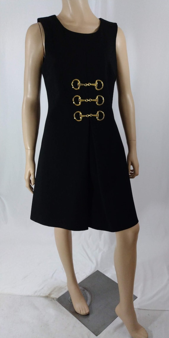 Julie Brown Black Shift Dress with Gold Hardware, Vintage Size M