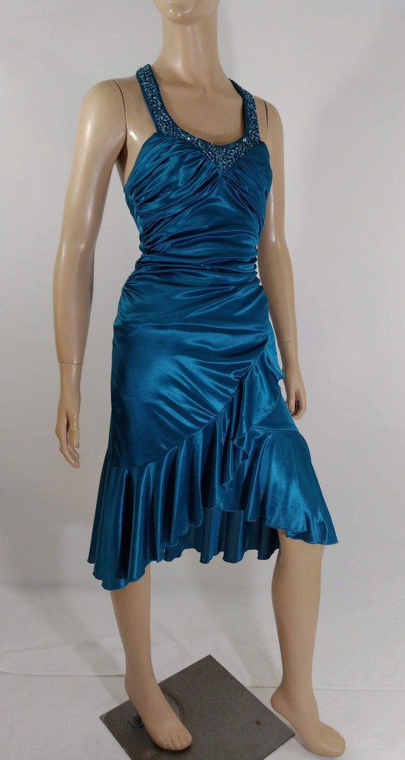 Women's Satin Dress Disco Prom Dress Teal Satin B… - image 5