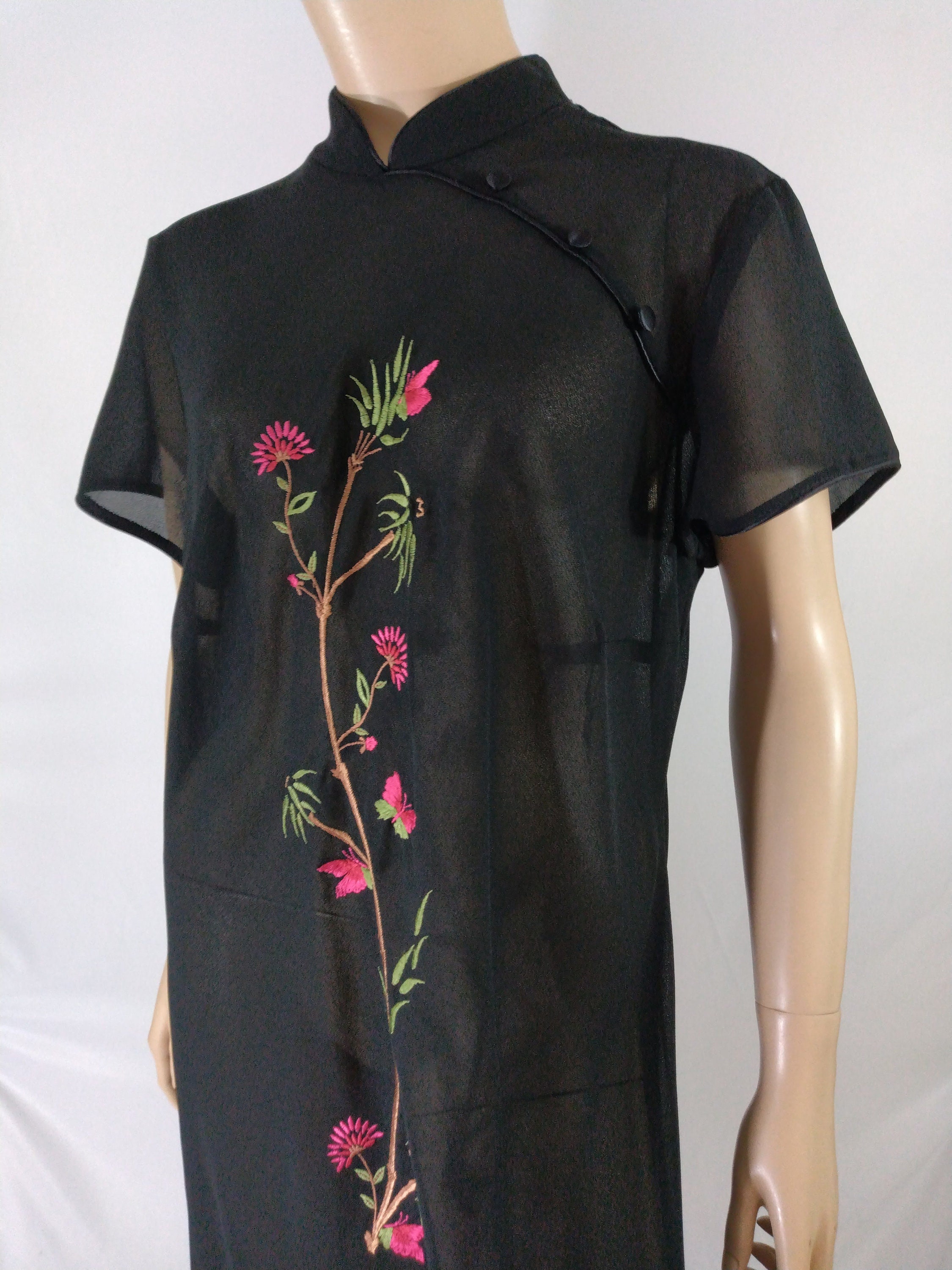 80s Vintage サテンチャイナシャツ Women's Chinese Dress 80's Maxi Black Semi Sheer Red Floral