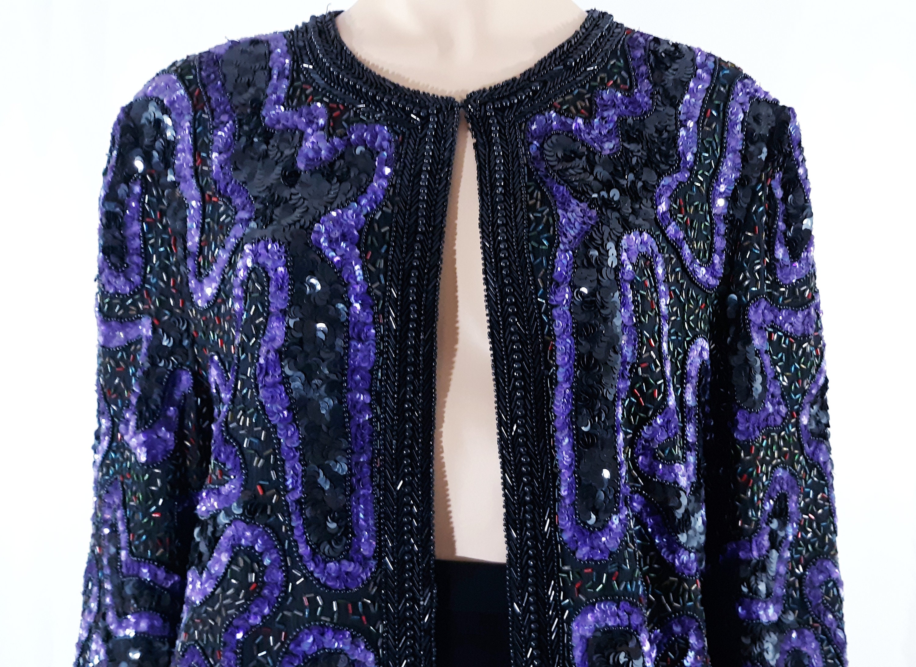 Women's Beaded Jacket 80s Long Sleeve 100% Silk Black Sequined Purple Cocktail Lux Excellent Condition Vintage by Joan Leslie Studio Size L